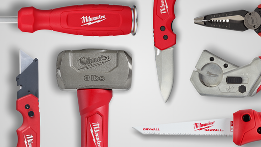Collection of Milwaukee tools including a screwdriver, hammer, knife, and pliers on a white background.
