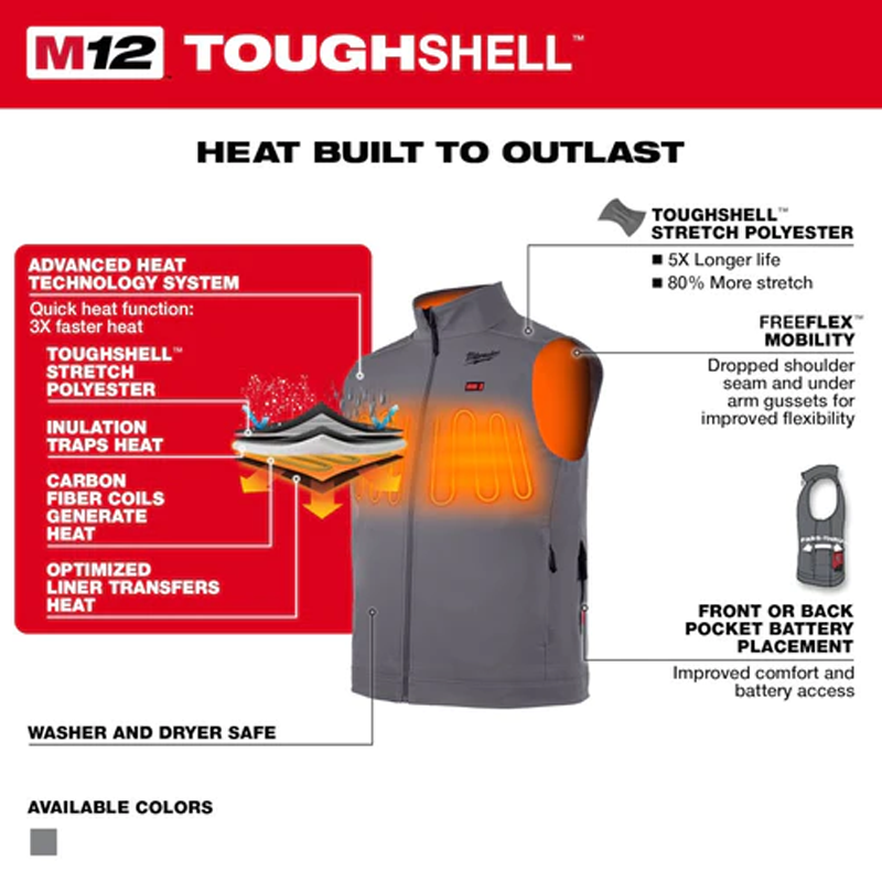 Milwaukee M12 Heated Toughshell Vest - Grey - Reduced To Clear