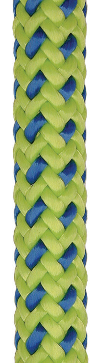 Braided green and blue rope on a white background
