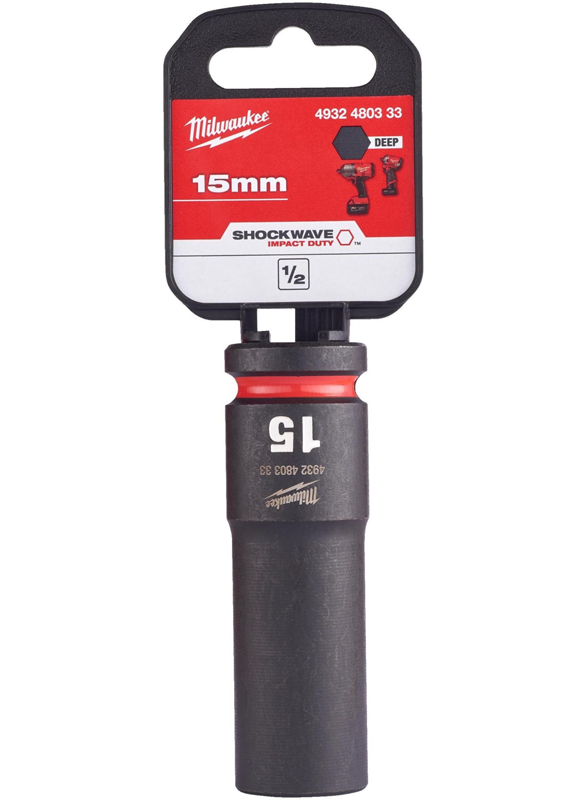 Milwaukee  Hex SHOCKWAVE™ socket 1/2" deep impact 15mm-1pc 4932480333