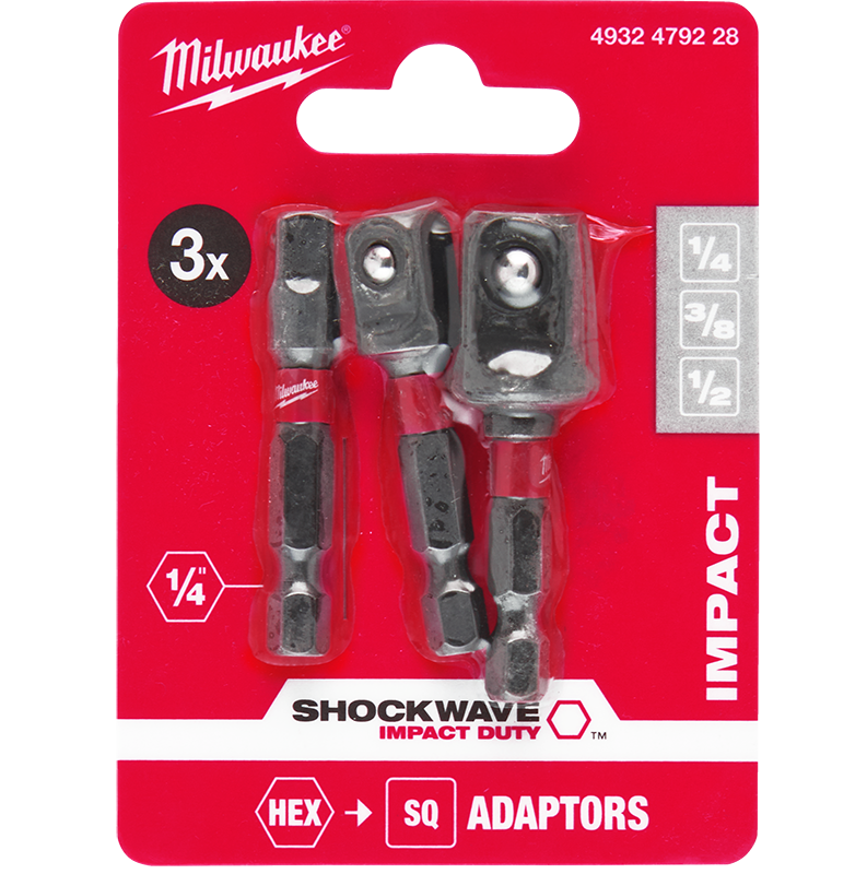Milwaukee 3 piece SHOCKWAVE Impact Duty Adaptor Set 1/4, 3/8,1/2 4932479228