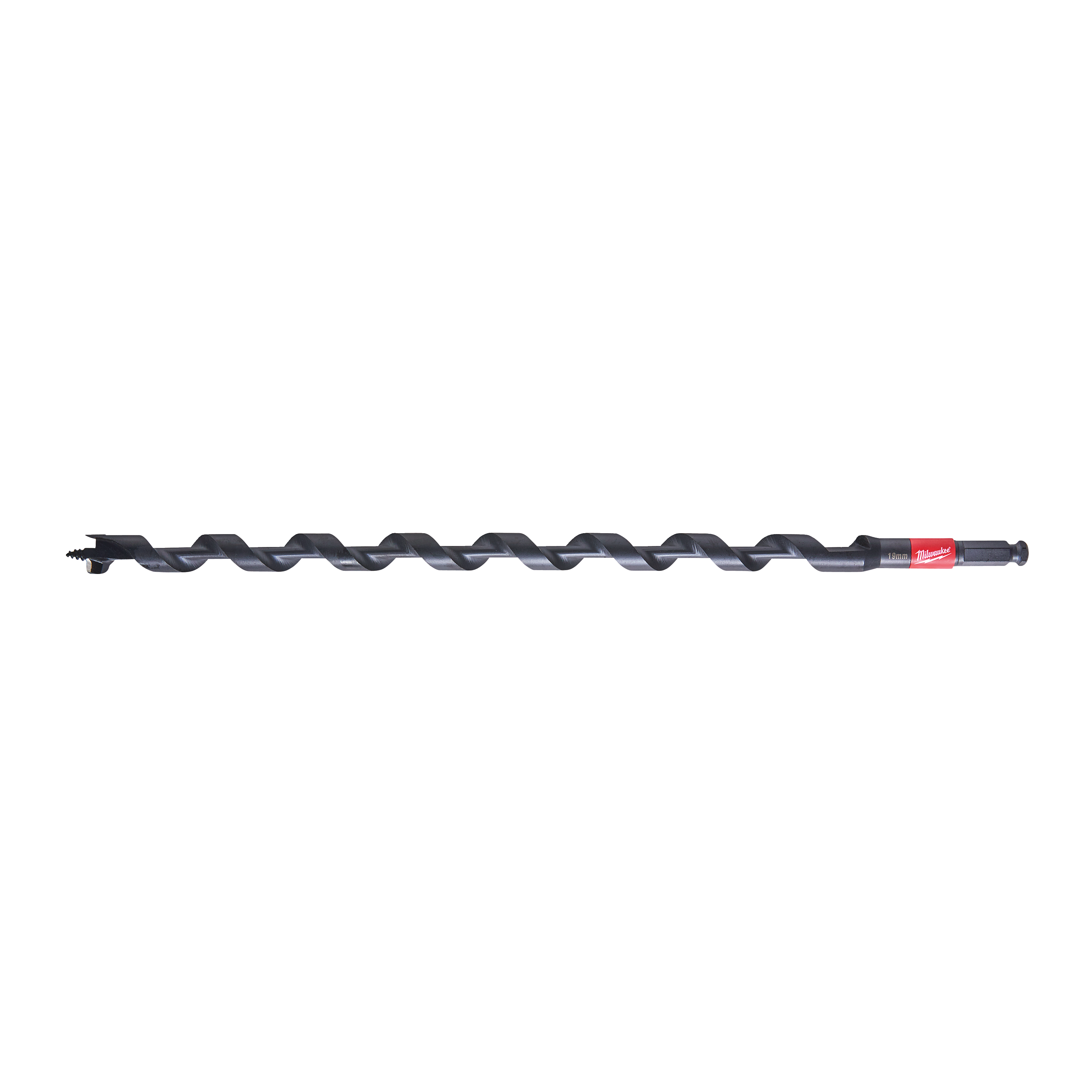 A Milwaukee brand black auger drill bit with a red brand label, shown horizontally.