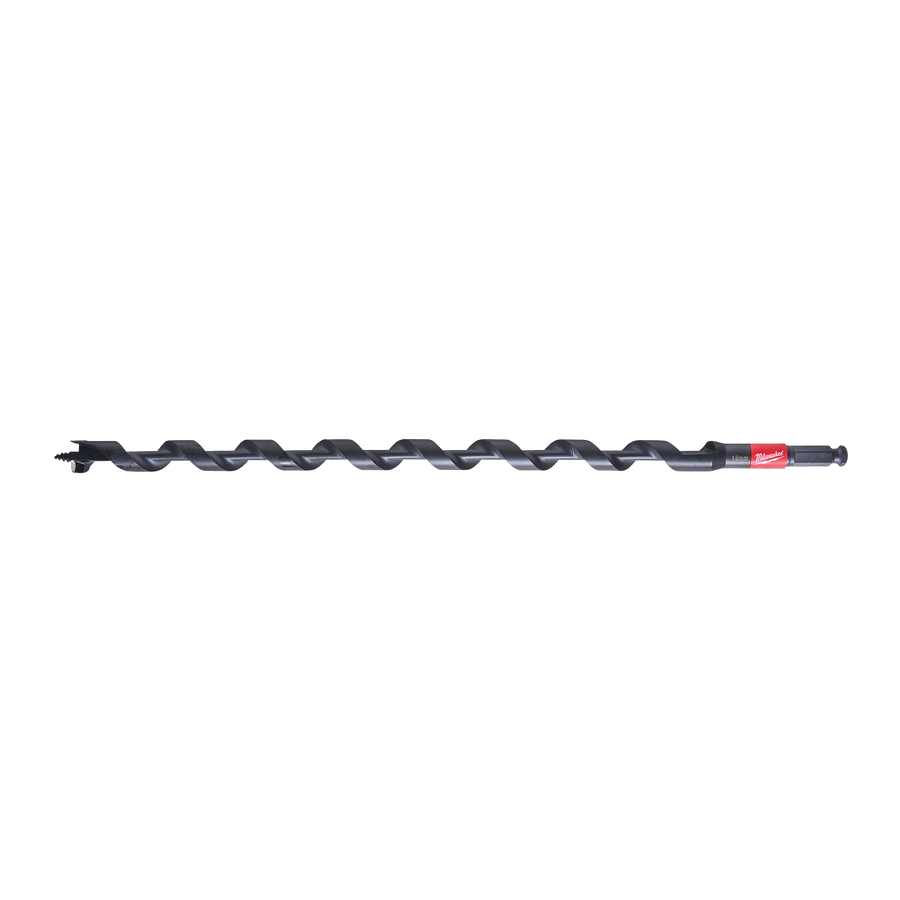 A Milwaukee brand black auger drill bit with a red brand label, shown horizontally.