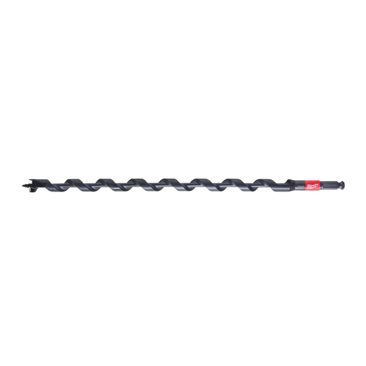 A Milwaukee brand black auger drill bit with a red brand label, shown horizontally.