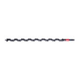 A Milwaukee brand black auger drill bit with a red brand label, shown horizontally.