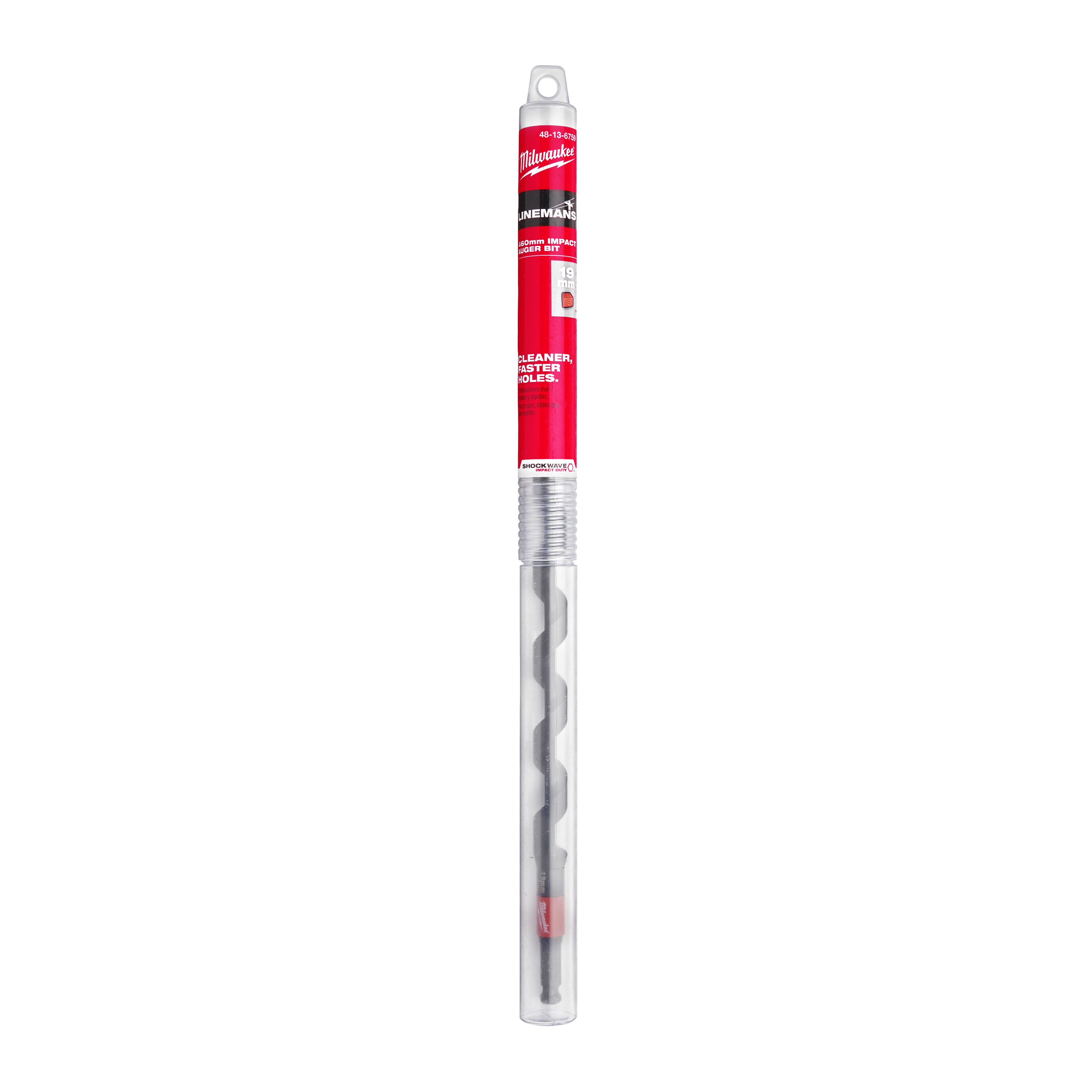 A Milwaukee brand black auger drill bit with a red brand label, shown horizontally in its original packaging.