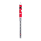 A Milwaukee brand black auger drill bit with a red brand label, shown horizontally in its original packaging.