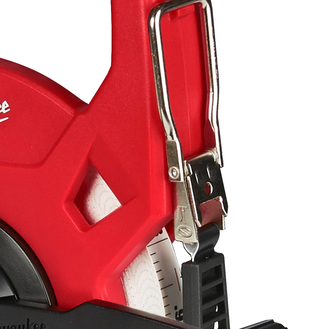Close-up of a red and black Milwaukee tape measure feature.