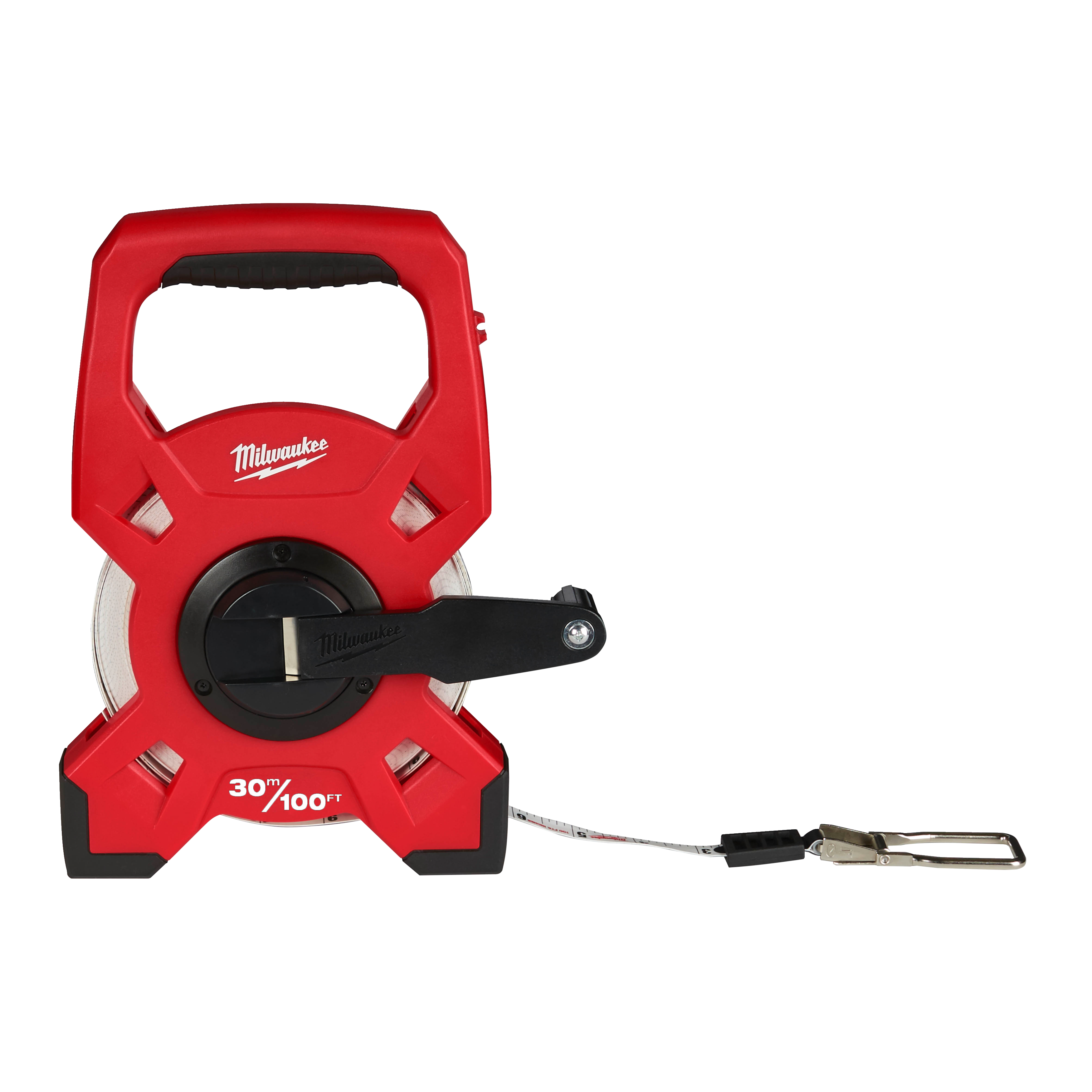 Red Milwaukee tape measure shown from a side view.