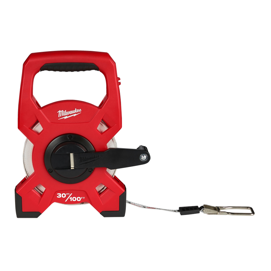 Red Milwaukee tape measure shown from a side view.