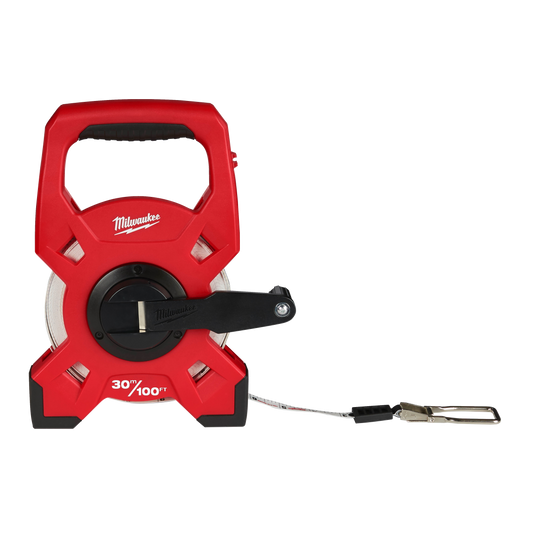 Red Milwaukee tape measure shown from a side view.