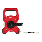 Red Milwaukee tape measure shown from a side view.