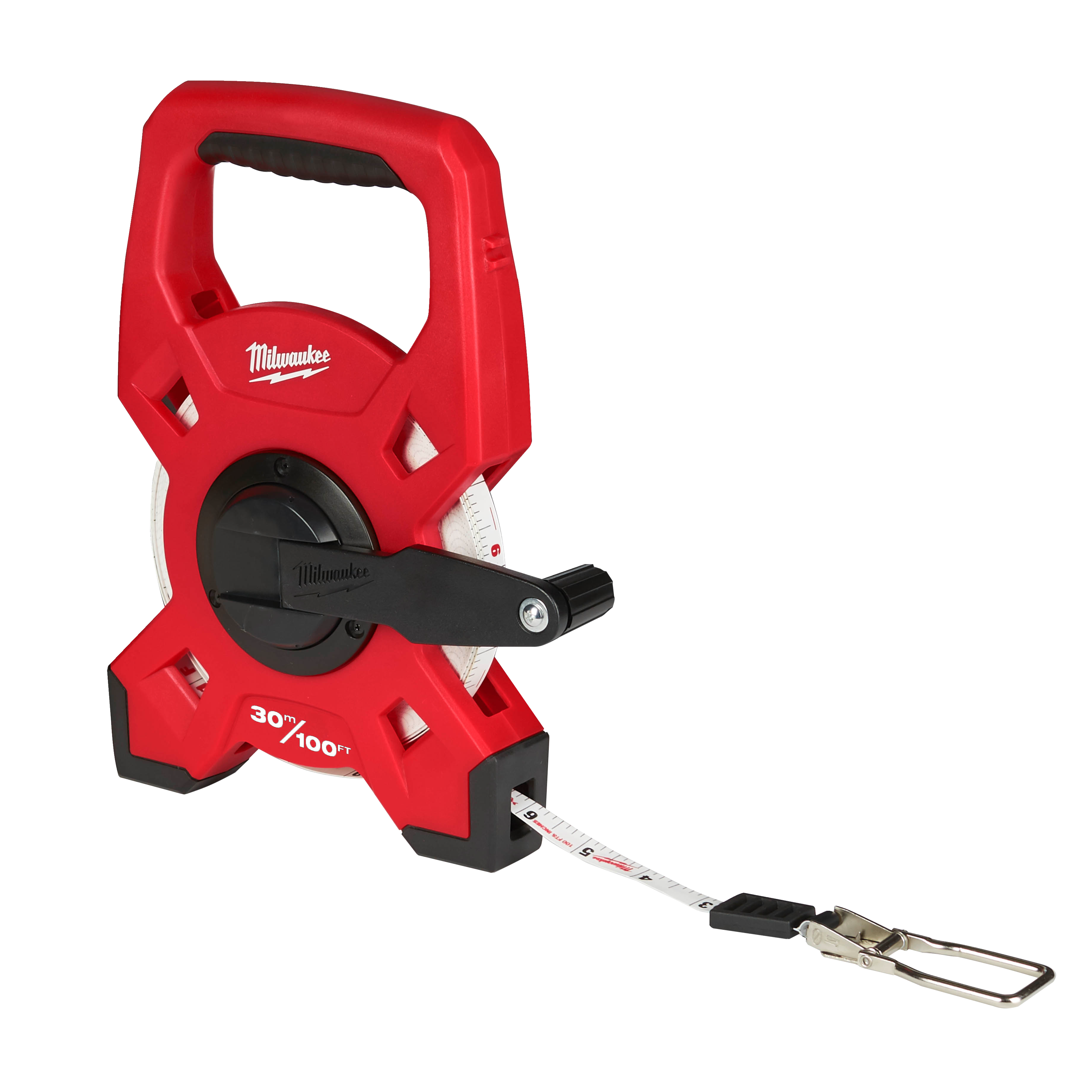 Red Milwaukee tape measure shown from a front side view.