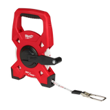 Red Milwaukee tape measure shown from a front side view.