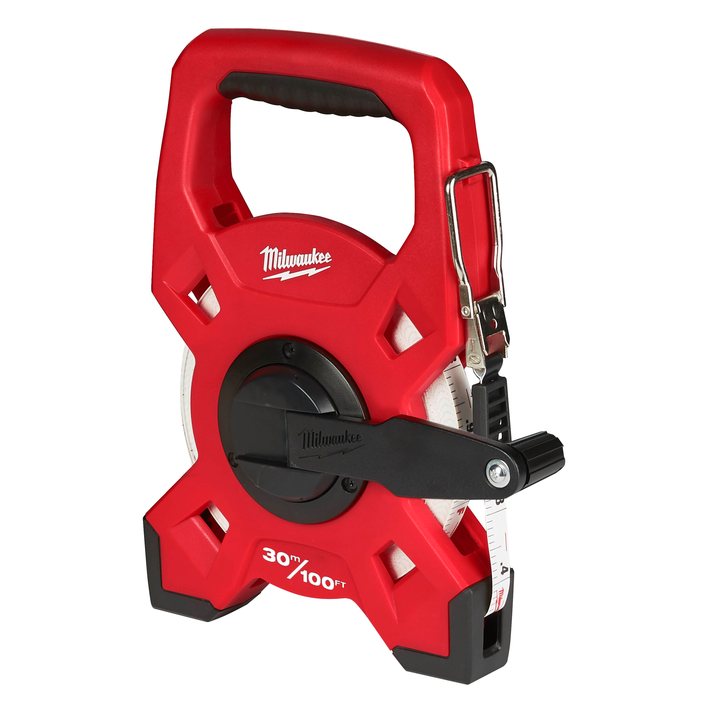 Red Milwaukee tape measure shown from the front side view.