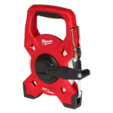 Red Milwaukee tape measure shown from the front side view.