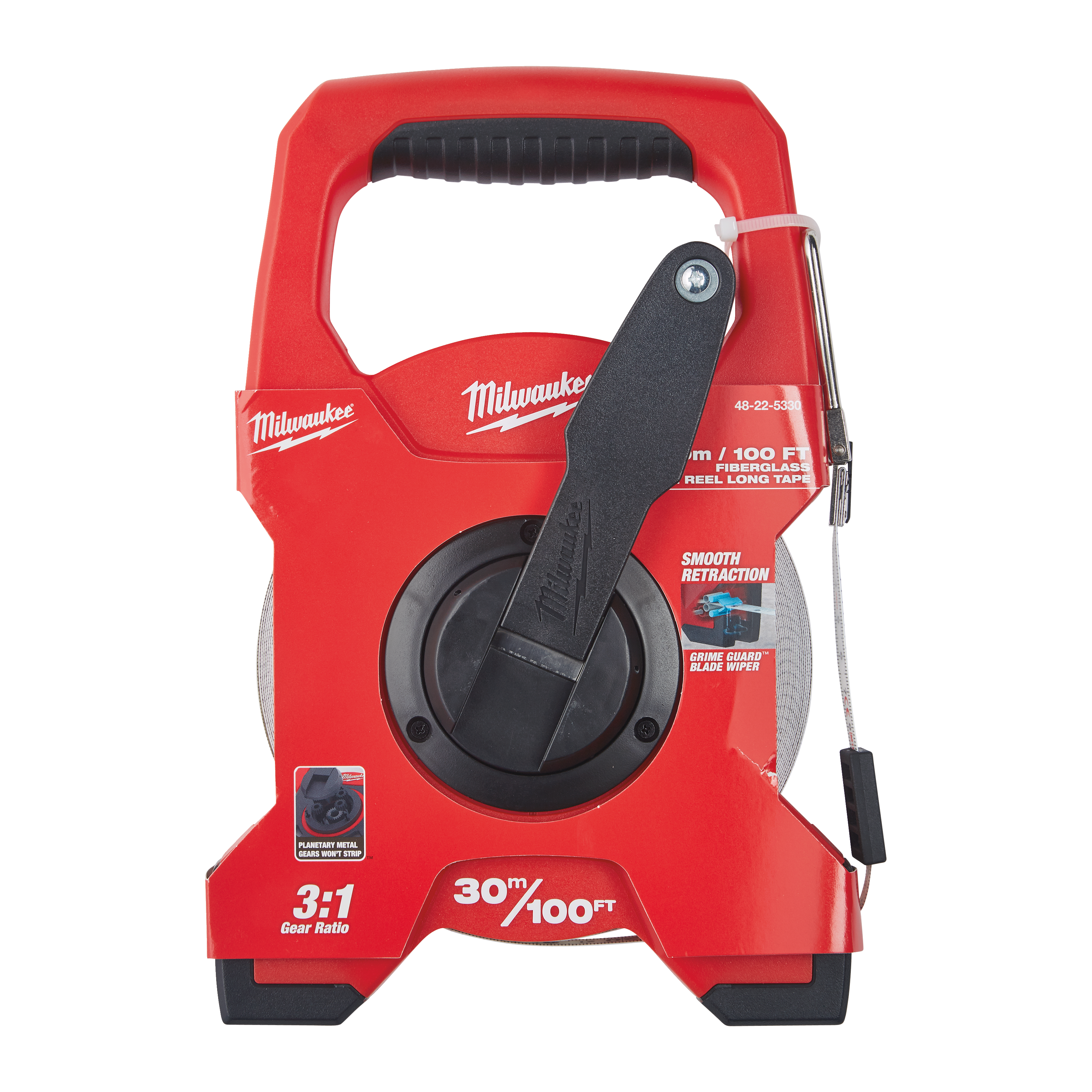 Red Milwaukee tape measure shown from a side view.
