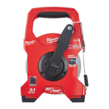 Red Milwaukee tape measure shown from a side view.