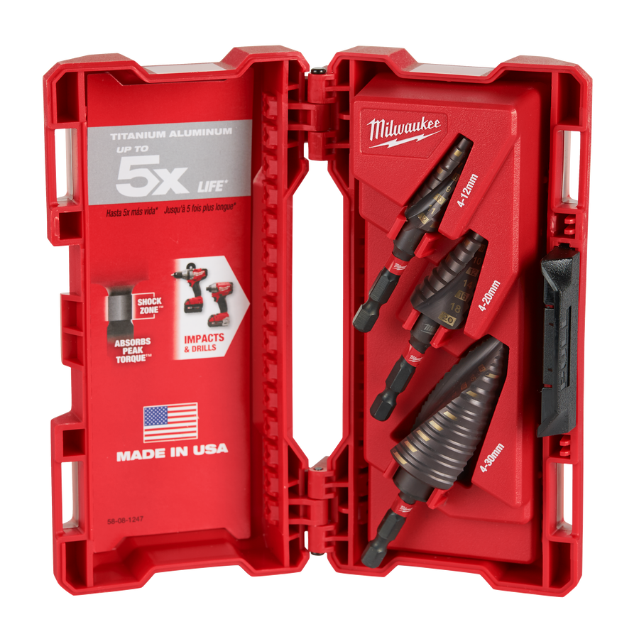 Milwaukee 48899266 SHOCKWAVE 3pc Step Drill Set open showing the step drills in a red case