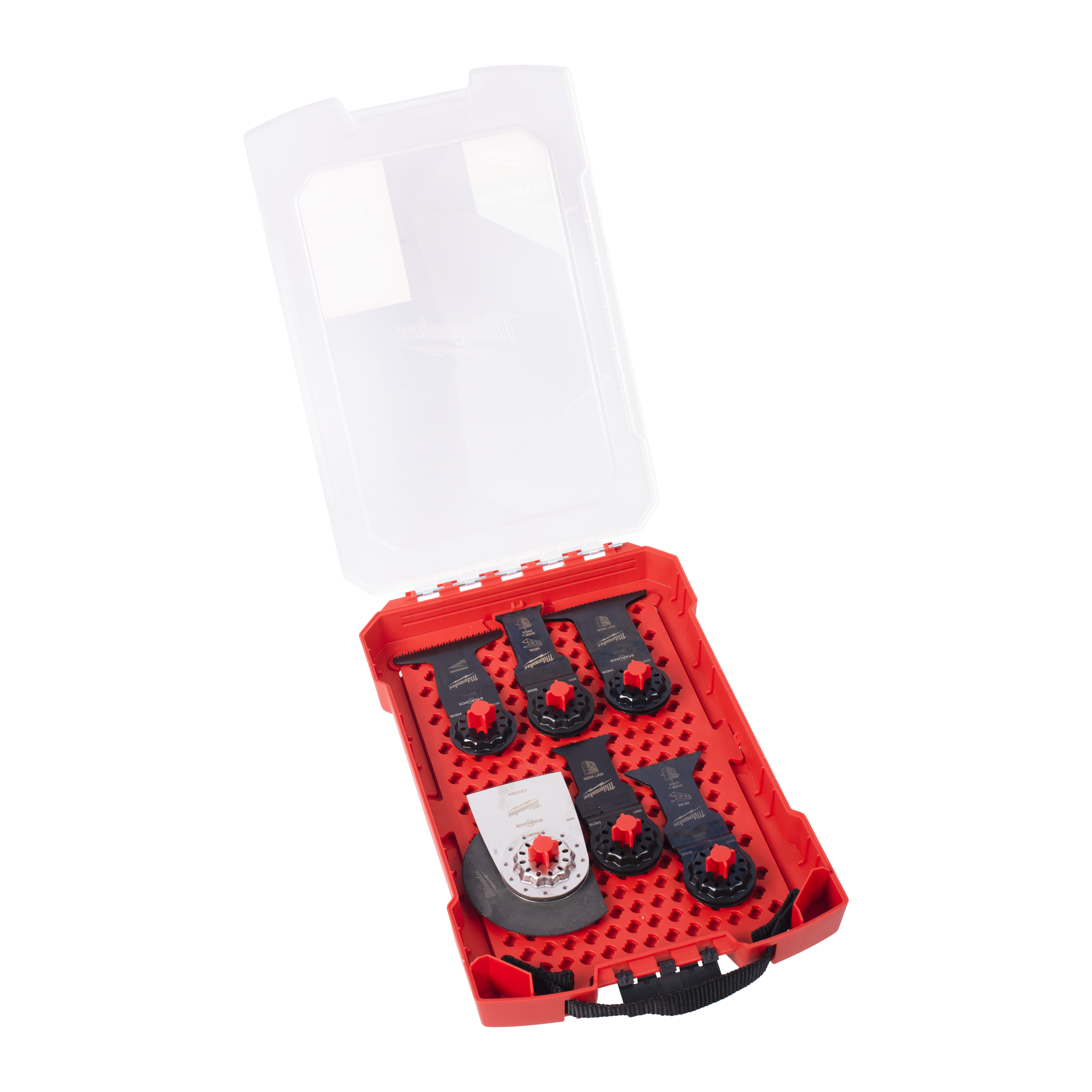Milwaukee Starlock General Multi-Tool Blade Set in an open  translucent red plastic case.
