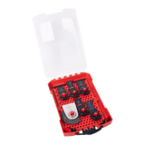 Milwaukee Starlock General Multi-Tool Blade Set in an open  translucent red plastic case.