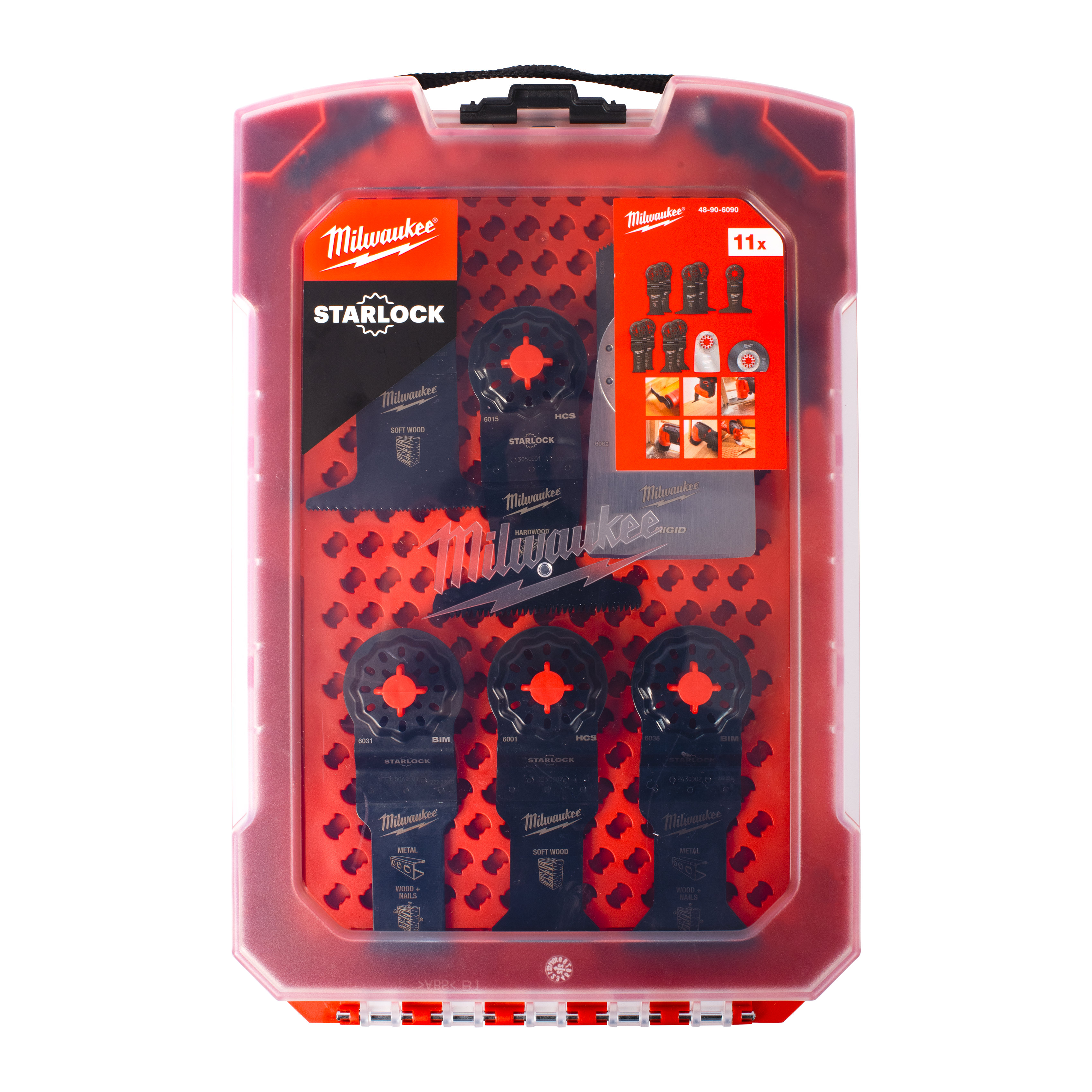 Milwaukee Starlock General Multi-Tool Blade Set in a translucent red plastic case.