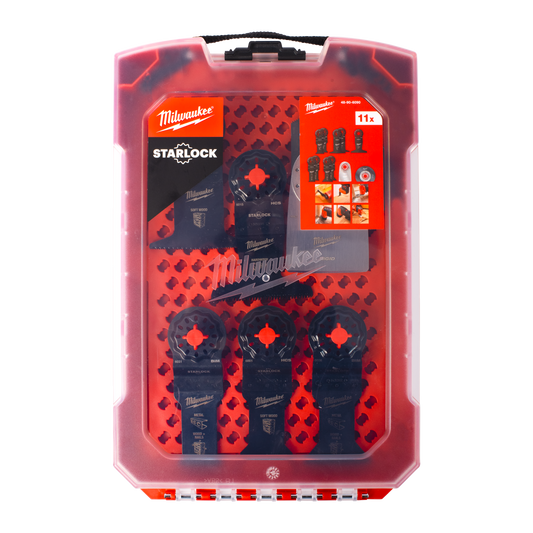 Milwaukee Starlock General Multi-Tool Blade Set in a translucent red plastic case.