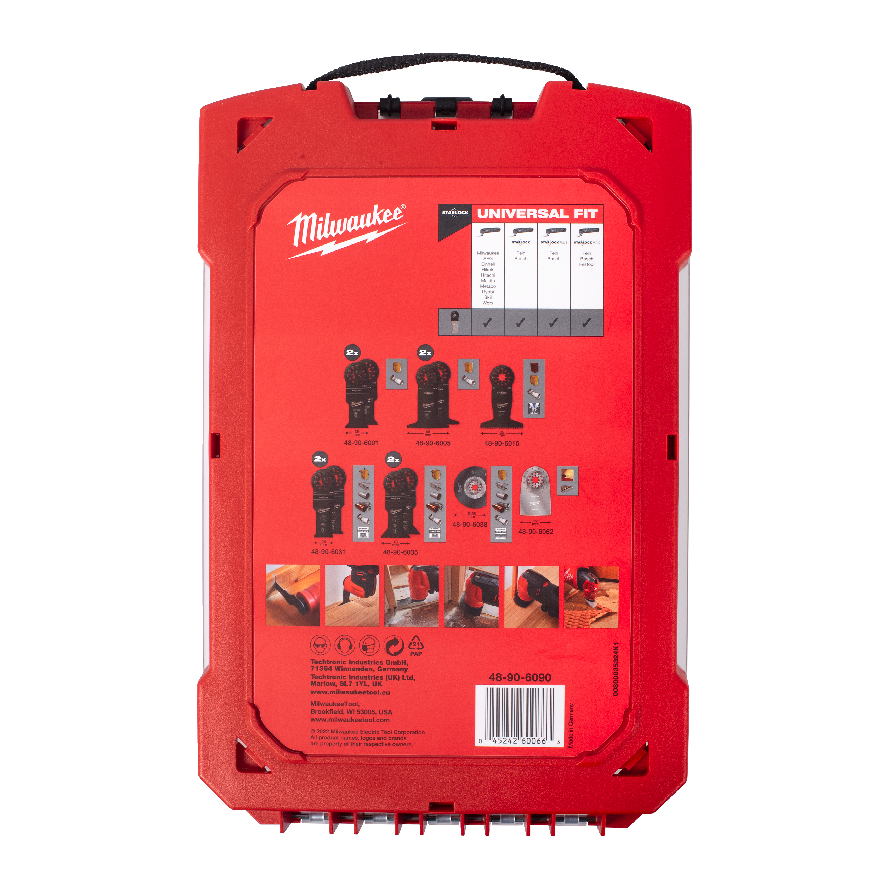 Milwaukee Starlock General Multi-Tool Blade Set in a translucent red plastic case shown from the back.