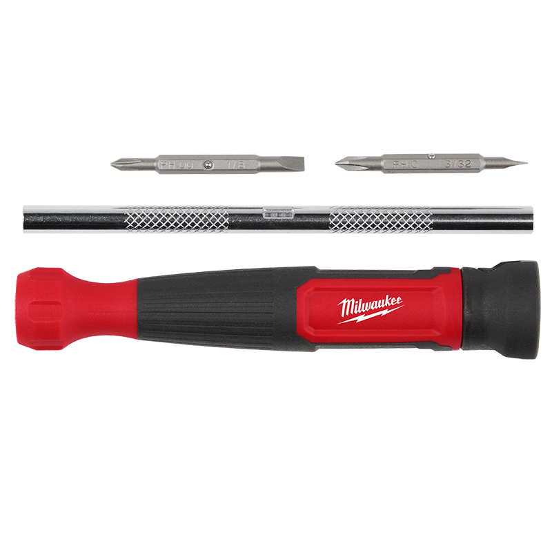 Milwaukee screwdriver with two additional bits on a white background