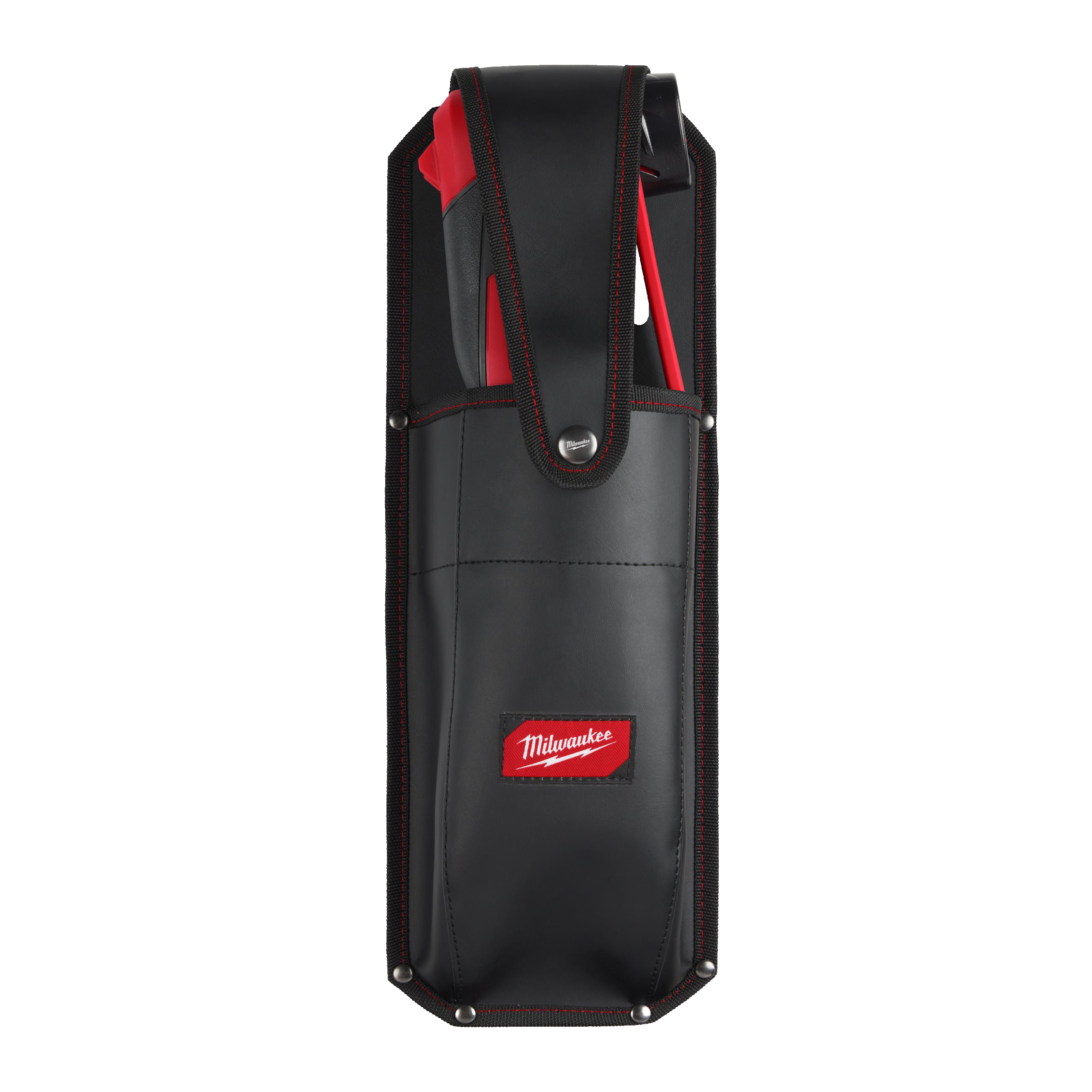 Black tool pouch with red accents and Milwaukee logo