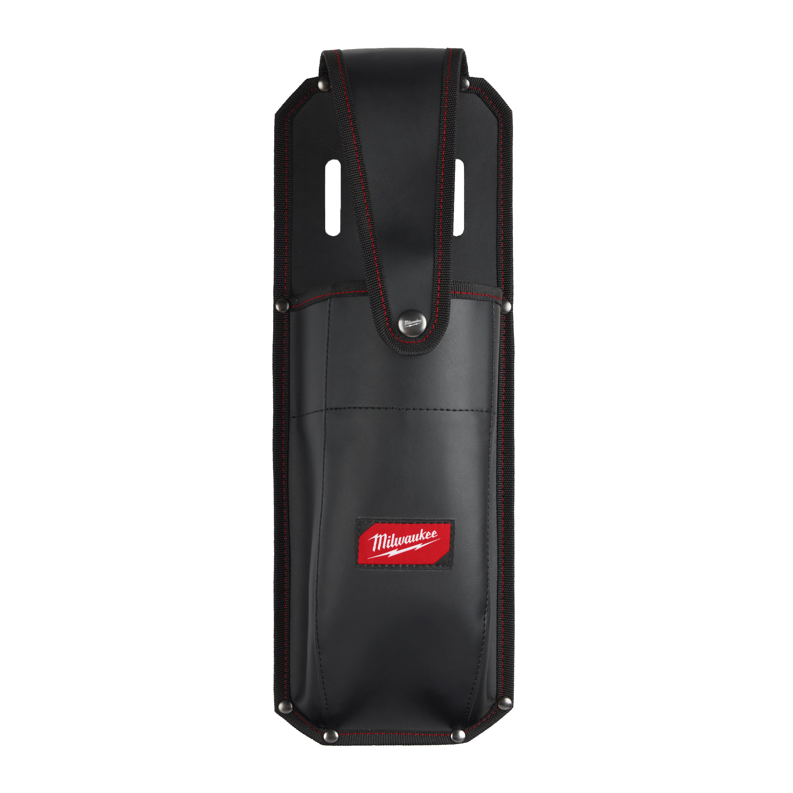 A black Milwaukee tool belt sheath with red contrast stitching and a red Milwaukee logo patch on the front.