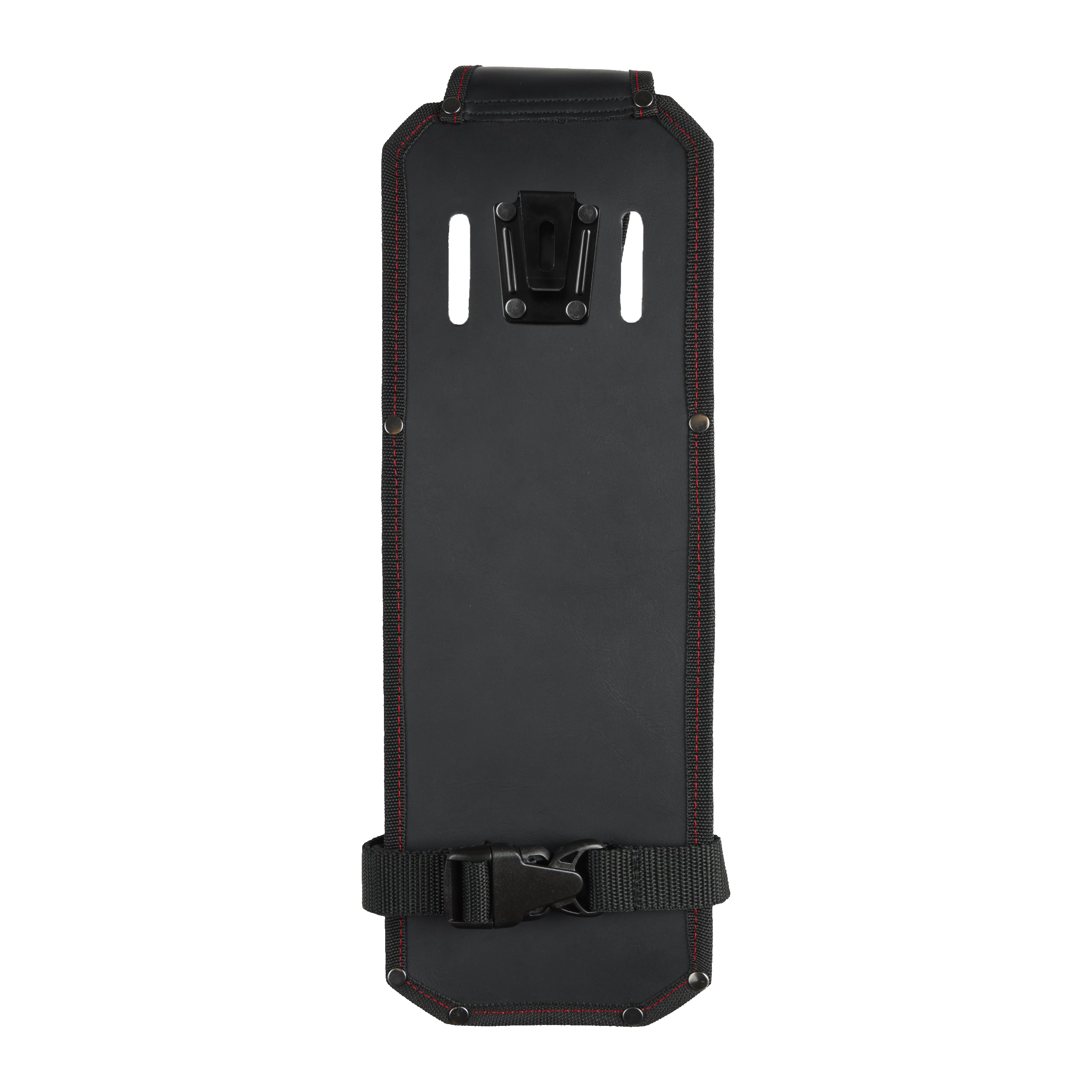 Back view of a black Milwaukee tool belt sheath with red contrast stitching.