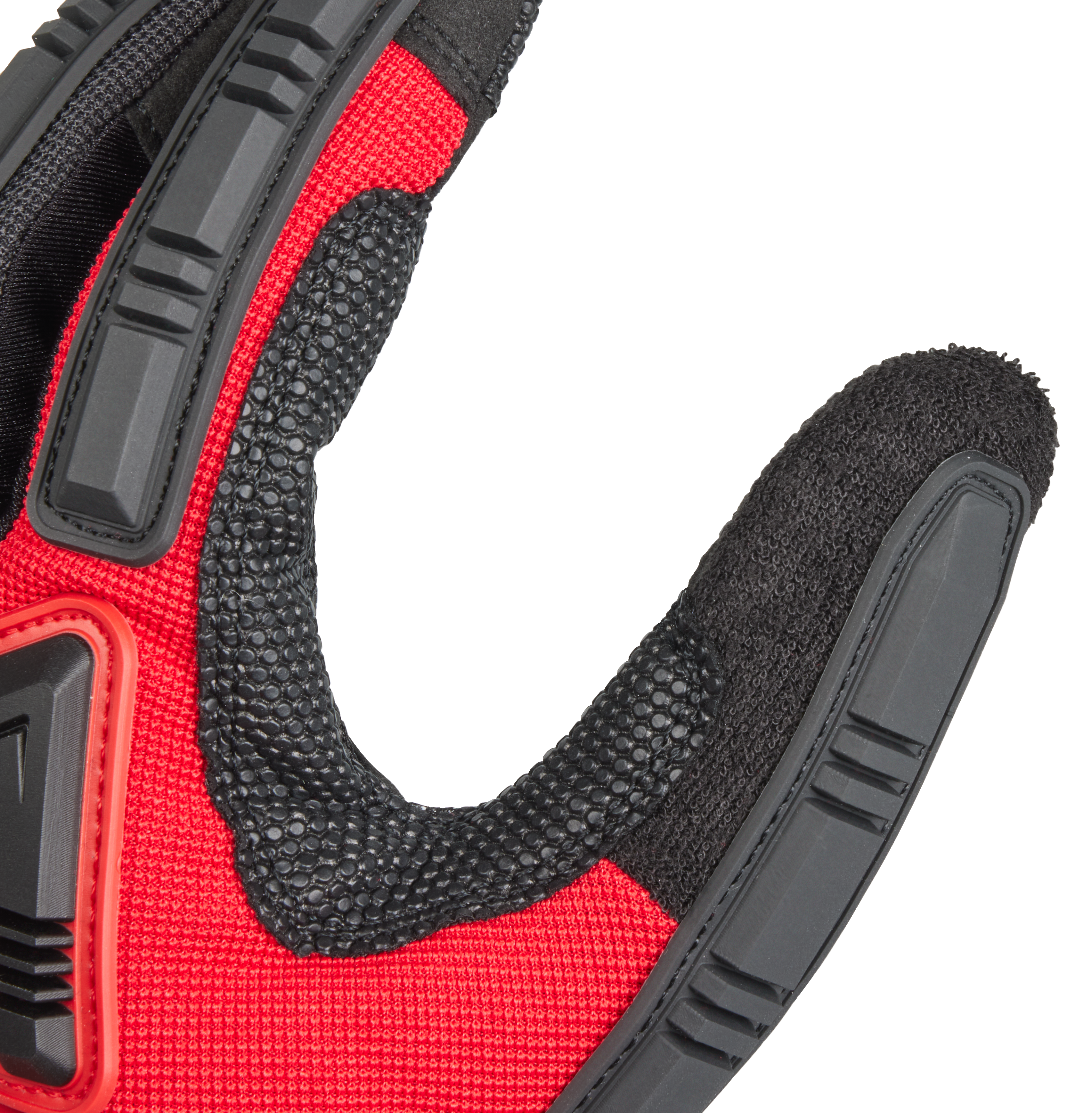 Close-up of a black and red glove