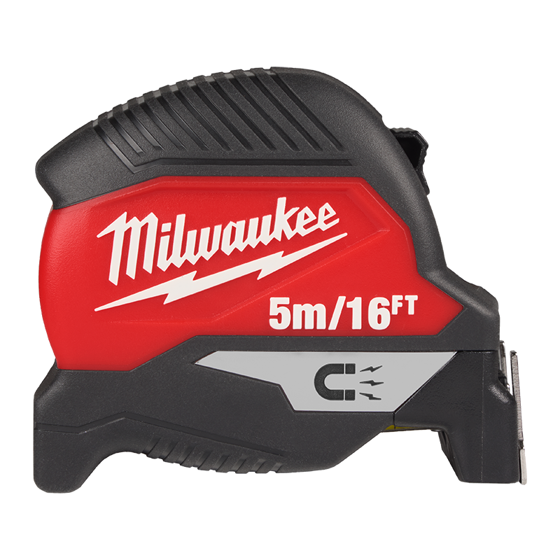 Milwaukee tape measure with red and black design on a white background