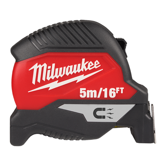 Milwaukee tape measure with red and black design on a white background