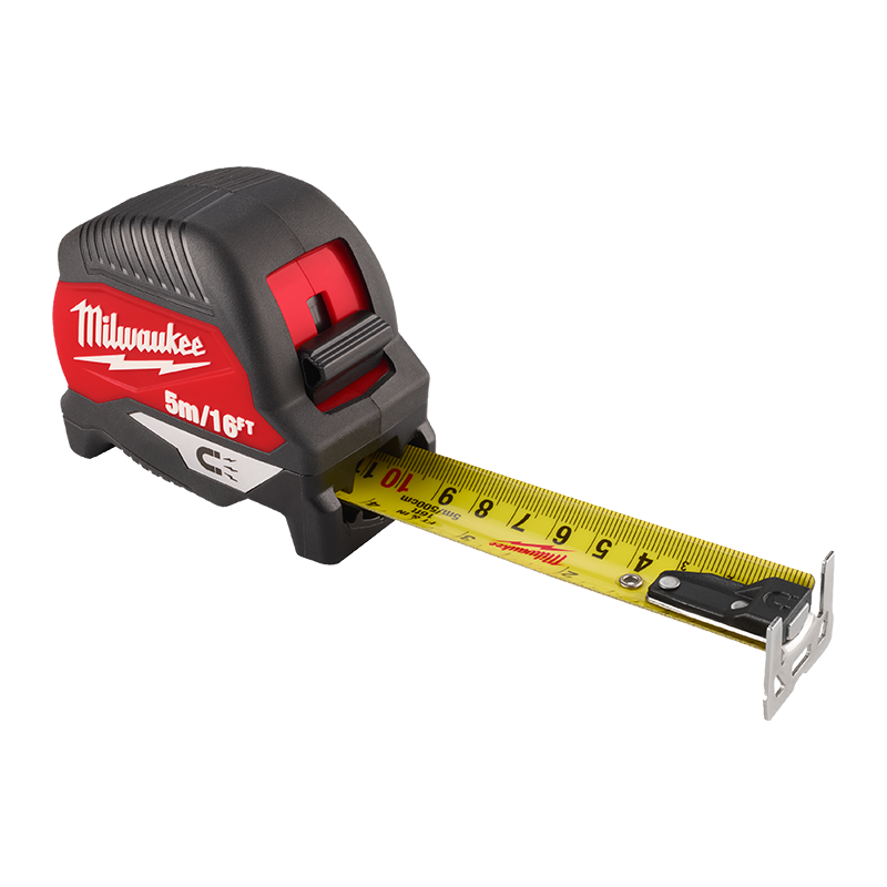 Milwaukee tape measure with red and black casing on a white background