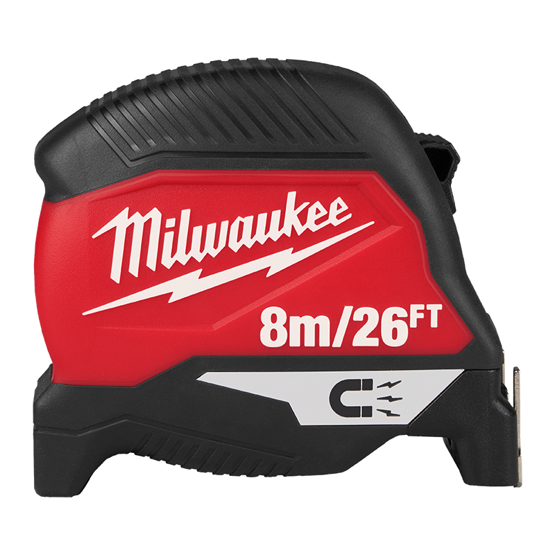 Milwaukee tape measure with red and black design on a white background