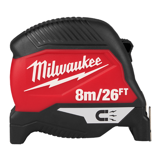 Milwaukee tape measure with red and black design on a white background