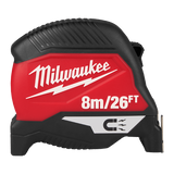 Milwaukee tape measure with red and black design on a white background