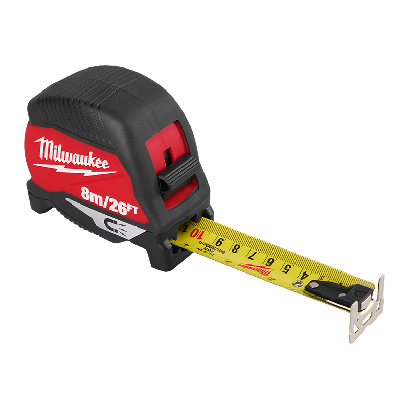 Milwaukee tape measure with red and black casing on a white background