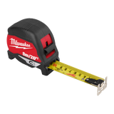 Milwaukee tape measure with red and black casing on a white background