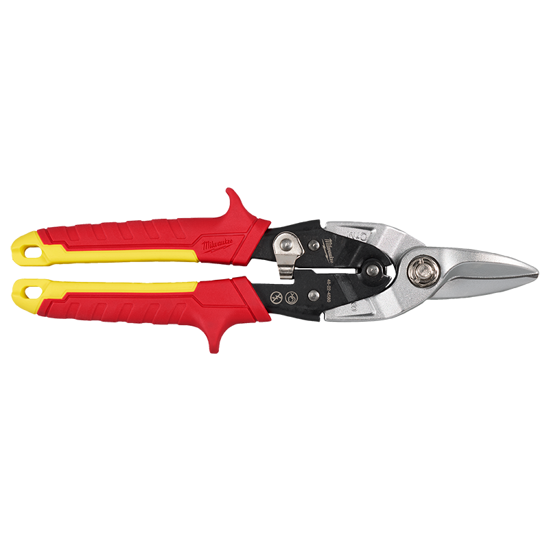 Pair of aviation snips with red and yellow handles on a white background