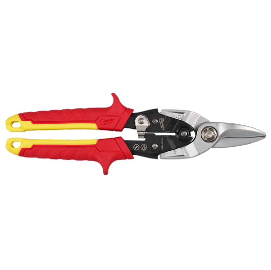 Pair of aviation snips with red and yellow handles on a white background