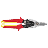 Pair of aviation snips with red and yellow handles on a white background