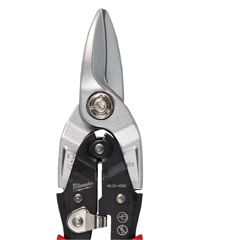 Close-up of a pair of aviation snips with Milwaukee branding on a white background