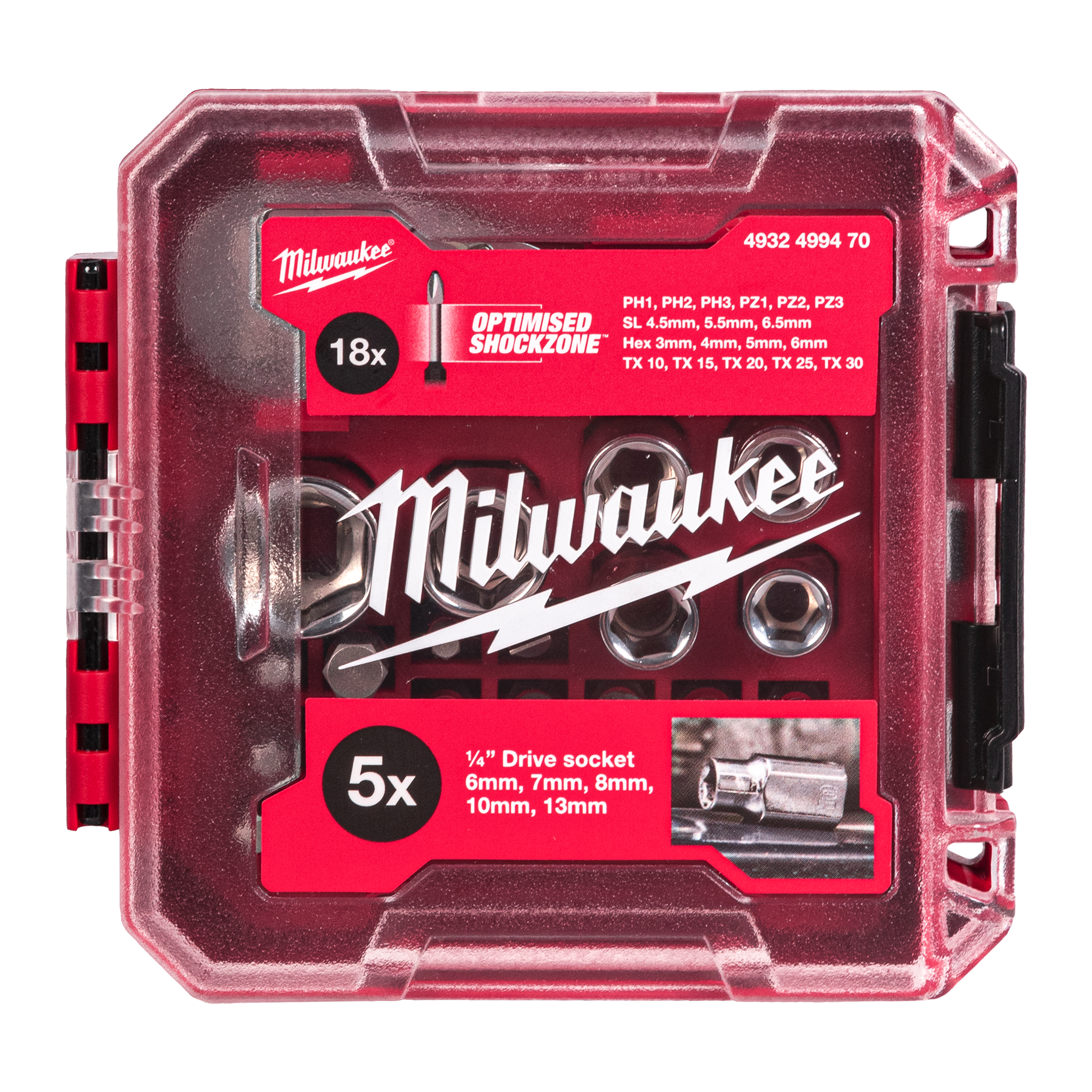 Milwaukee ¼ inch 25 piece Drive Compact Ratchet Set shown in its packout compatible box.