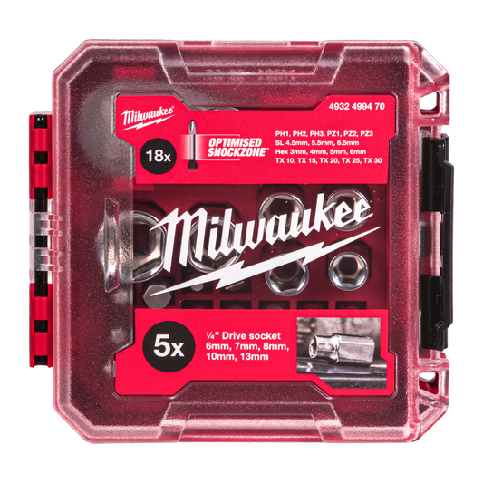 Milwaukee ¼ inch 25 piece Drive Compact Ratchet Set shown in its packout compatible box.