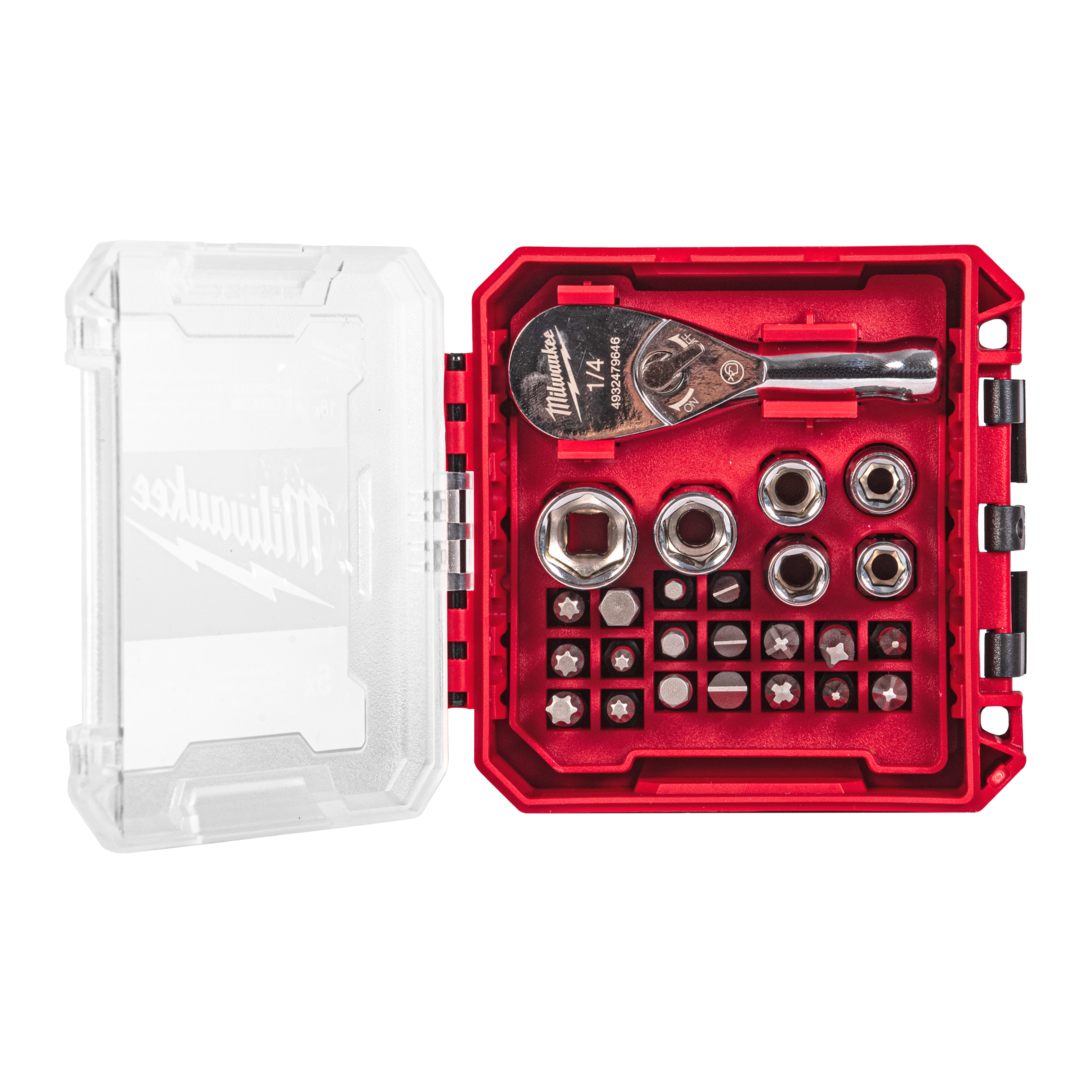 Milwaukee ¼ inch 25 piece Drive Compact Ratchet Set shown in its open packout compatible box
