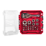 Milwaukee ¼ inch 25 piece Drive Compact Ratchet Set shown in its open packout compatible box