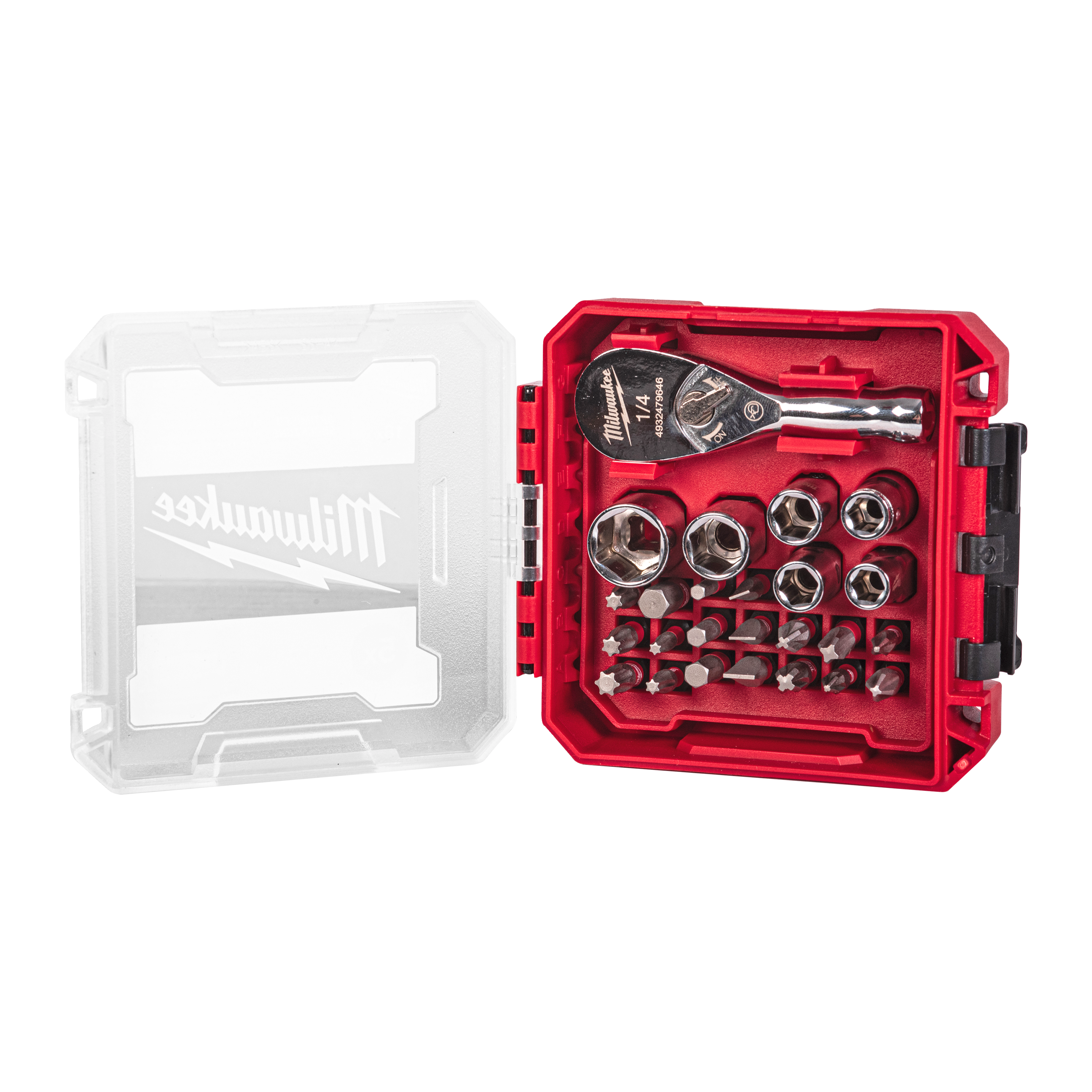 Milwaukee ¼ inch 25 piece Drive Compact Ratchet Set shown in its open 
packout compatible box